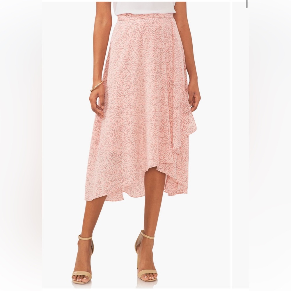 VINCE CAMUTO: Abstract Floral Pink High- Low Midi Skirt in Pink